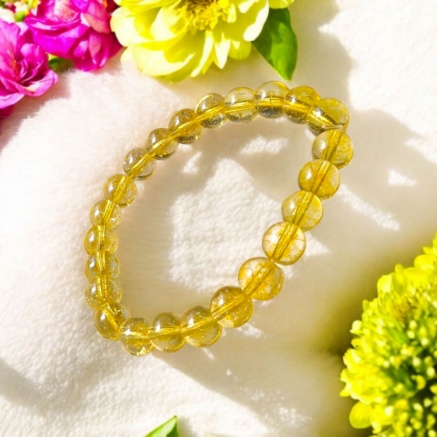 Close-up image of Natural Citrine Diamond-cut Bracelet with 8mm stretchable beads, ideal for success, prosperity, and manifestation