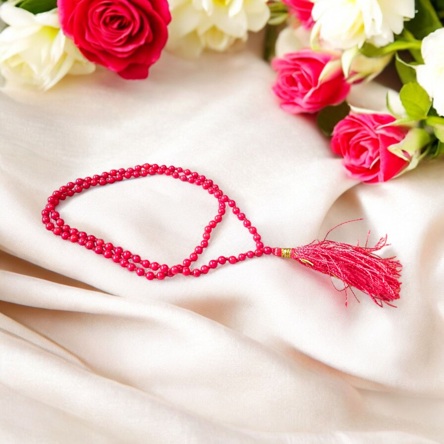 Close-up image of a lab-certified Red Coral Mala with 4MM beads and 108+1 bead count, perfect for chanting and meditation