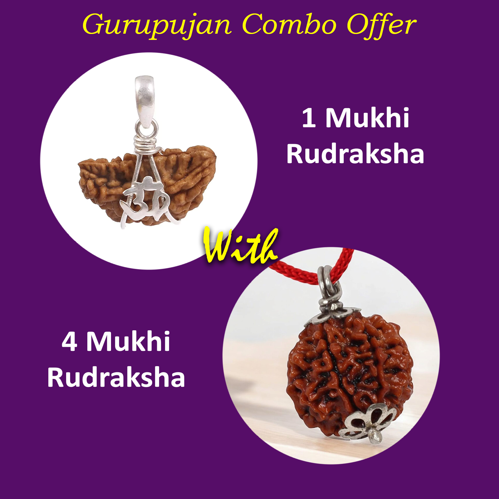 Combo of 1 Mukhi and 4 Mukhi Rudraksha Lab Certified beads for spiritual growth, creativity, and knowledge enhancement.