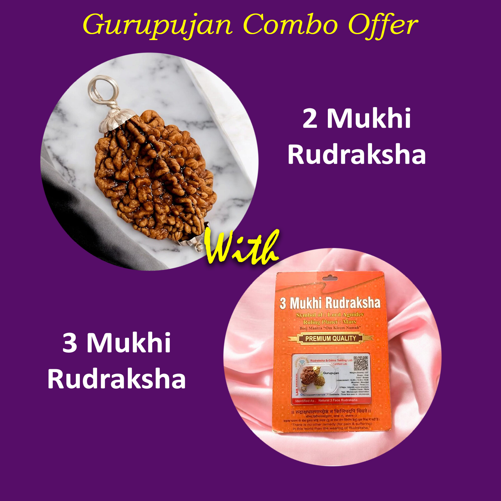 Combo of 2 Mukhi and 3 Mukhi Rudraksha Lab Certified beads for peace, transformation, and success.