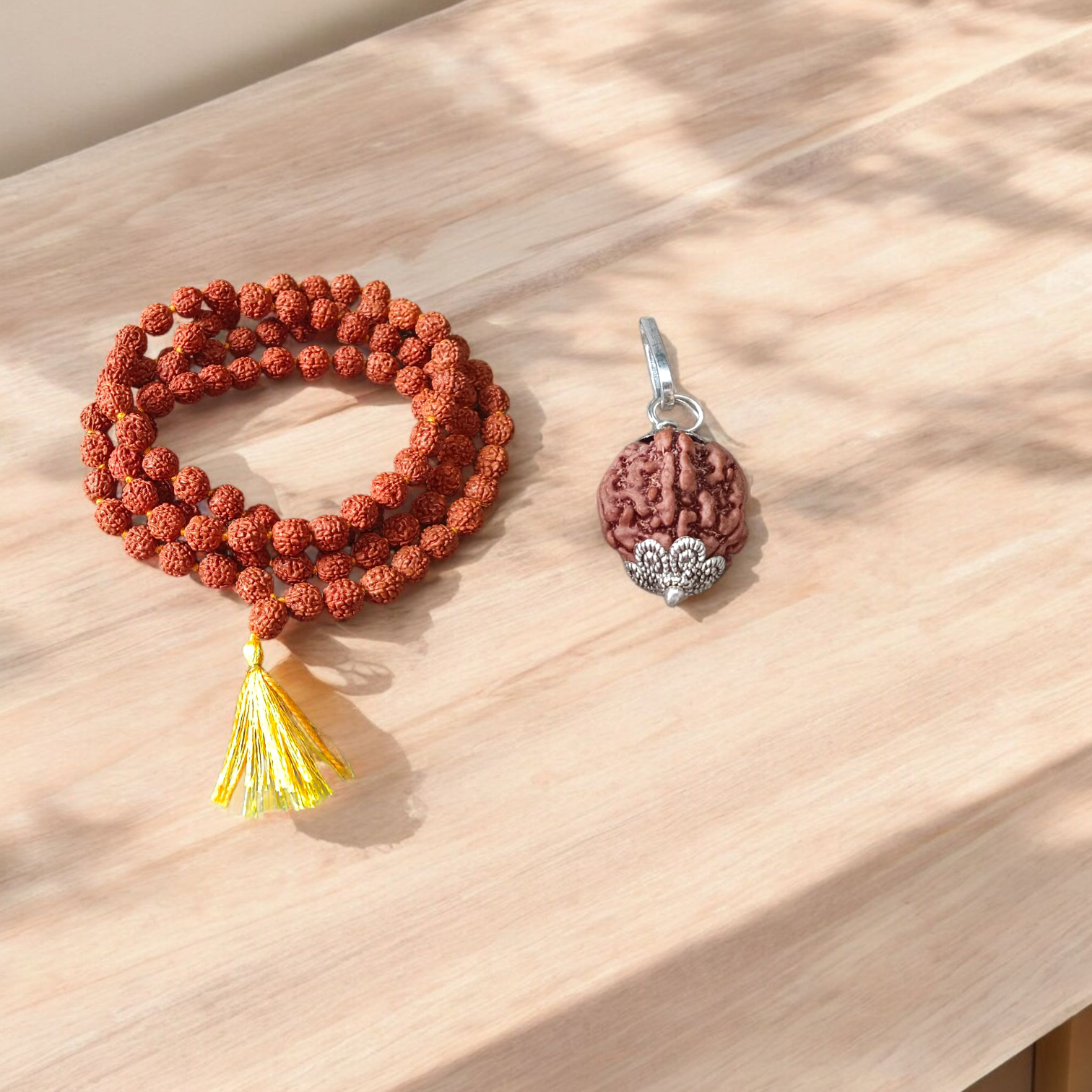 Combo of 5 Mukhi Rudraksha Mala and 5 Mukhi Rudraksha Pendant - Lab Certified - Gurupujan