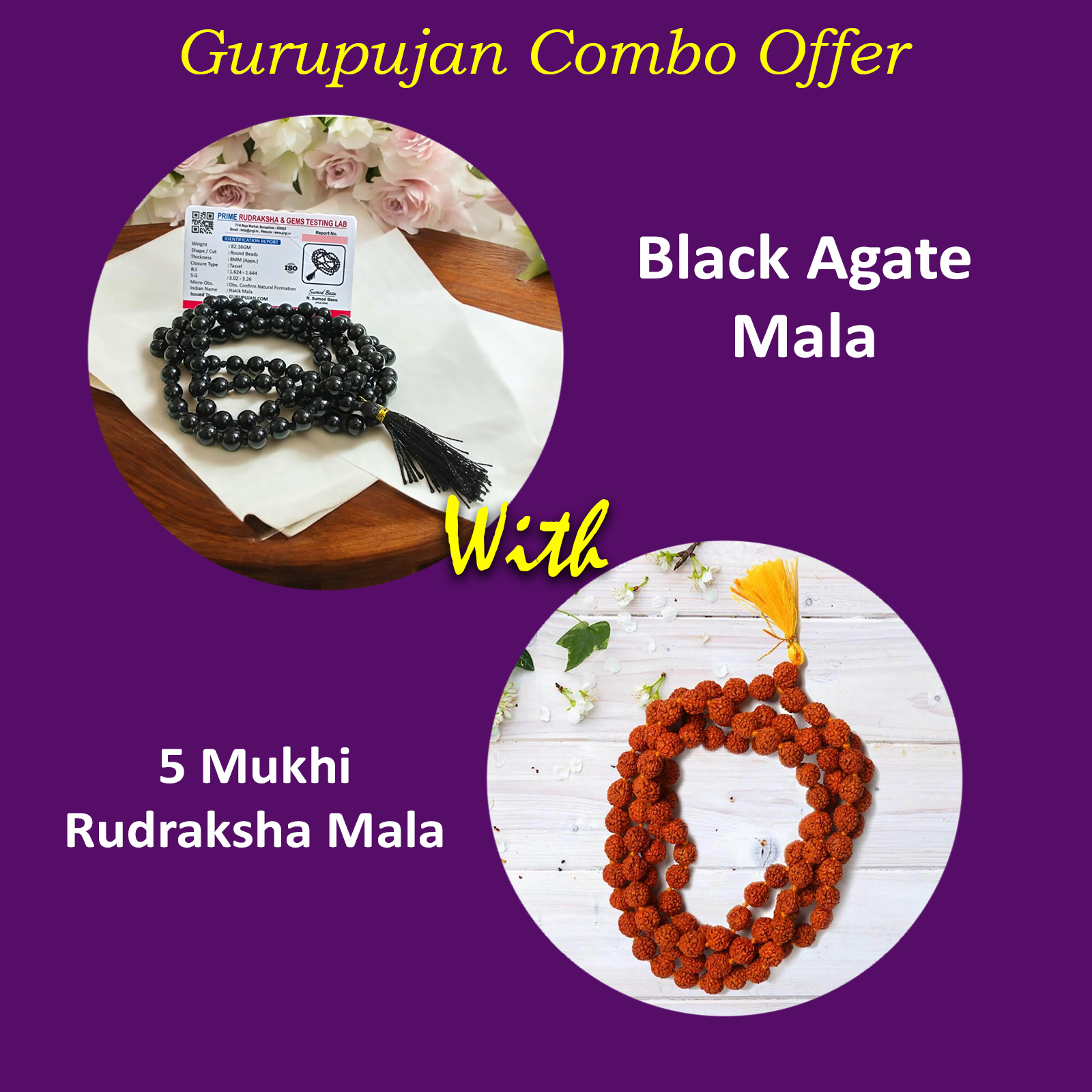 Combo of Black Hakik Mala and 5 Mukhi Rudraksha Mala Lab Certified for grounding, protection, and spiritual growth.