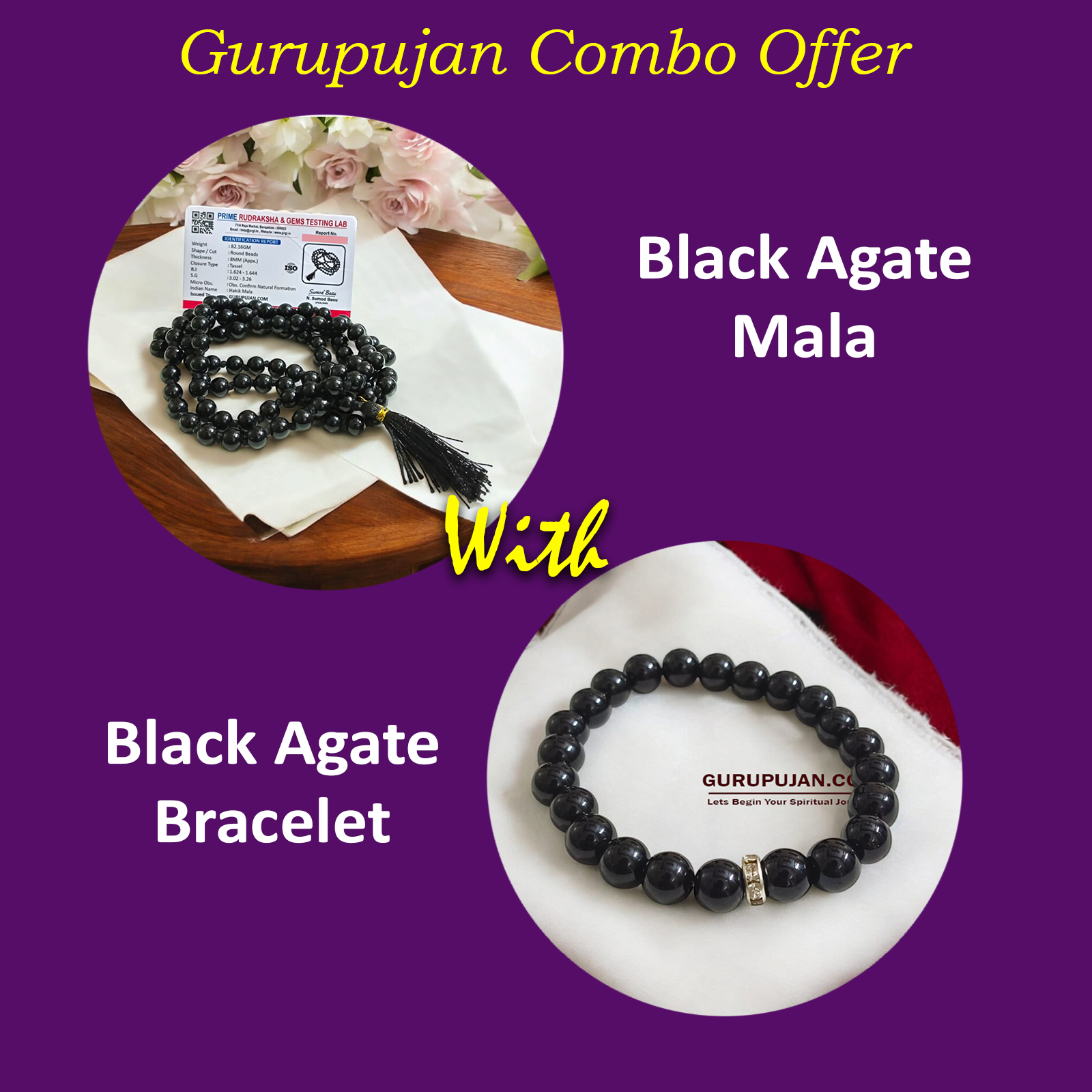 Combo of Black Hakik Mala and Bracelet Lab Certified for grounding, protection, and emotional healing.