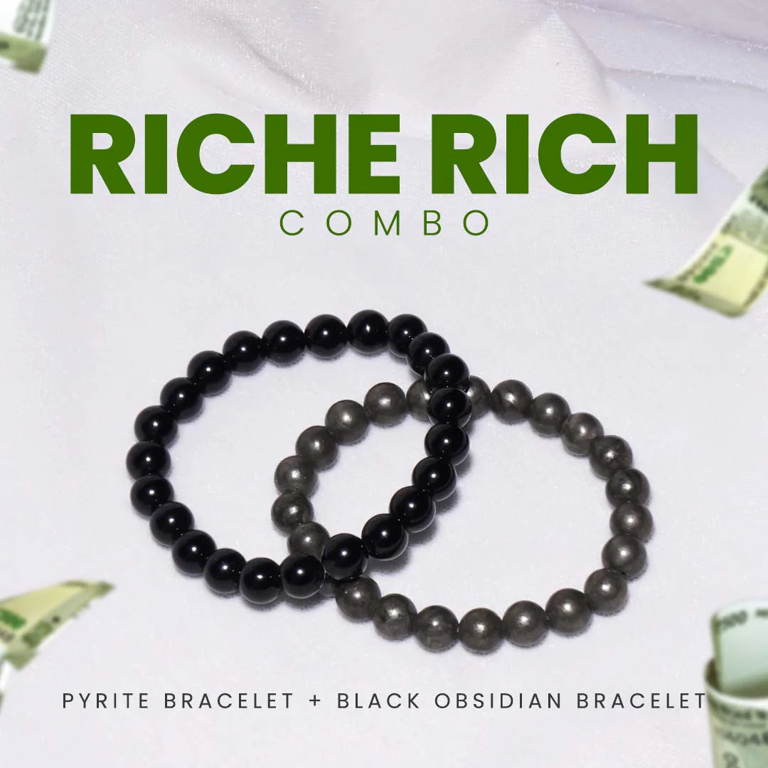 Combo of Golden Pyrite and Black Obsidian Bracelet - Richi Rich Combo - 8mm - Lab Certified - Gurupujan