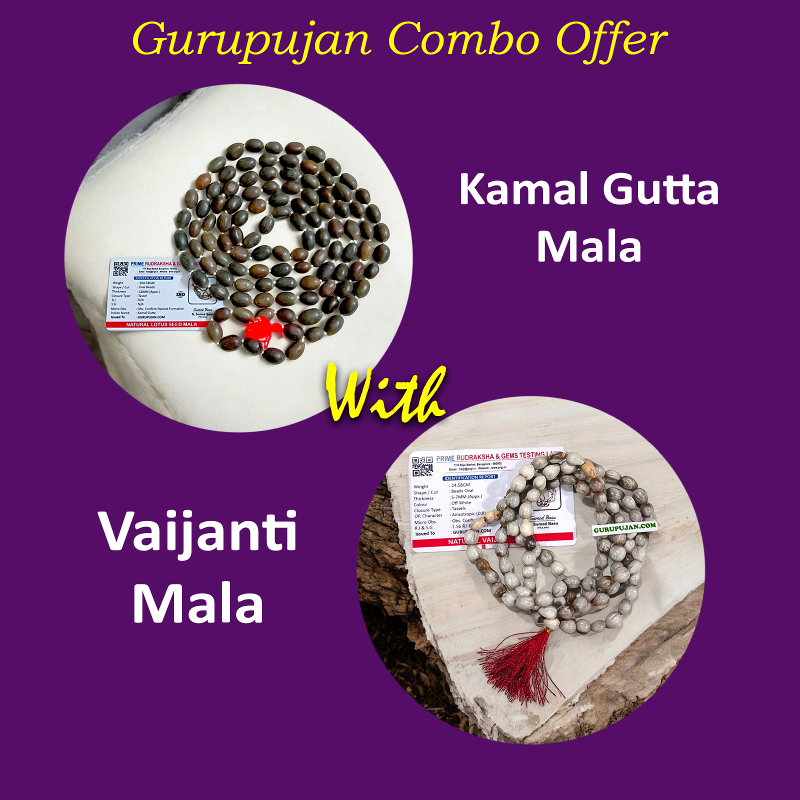 Combo of Kamal Gutta Mala and Vaijanti Mala, displaying the traditional beads and their harmonious combination.