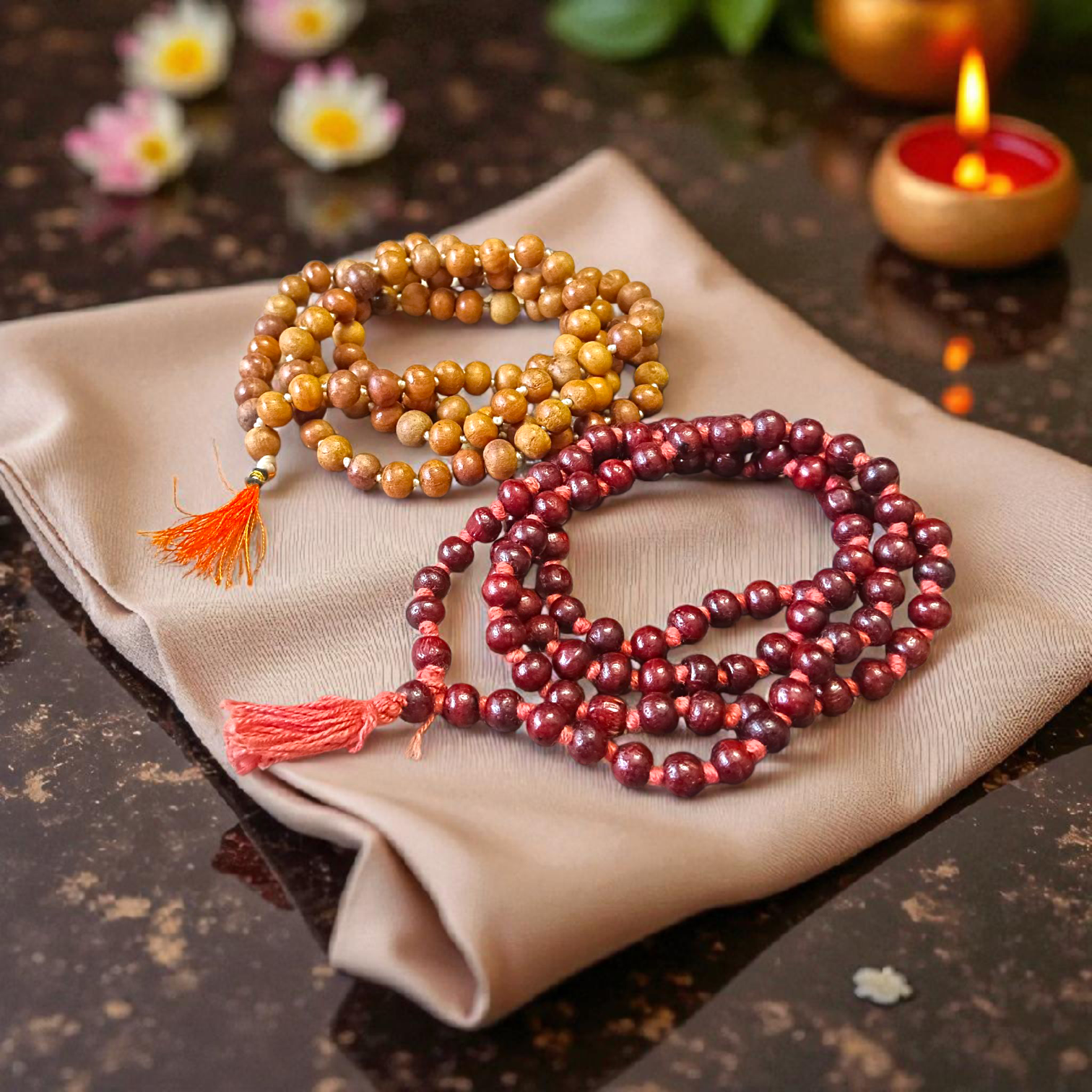 Combo of Red and White Sandalwood Jaap Malas with 108 beads – lab certified, ideal for chanting, meditation, and puja