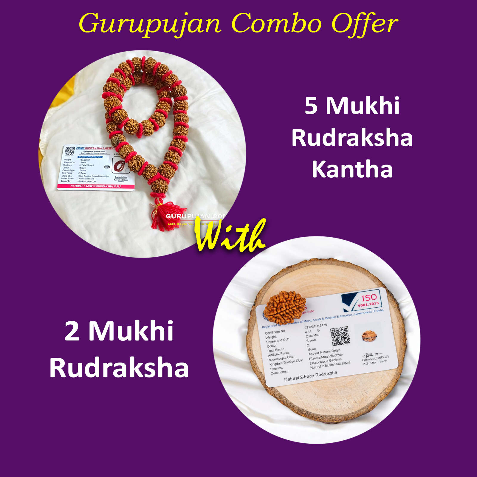 Combo of Rudraksha Velvet Kanth Mala with 2 Mukhi Rudraksha, showcasing the authentic beads for spiritual growth, emotional healing, and relationship harmony.