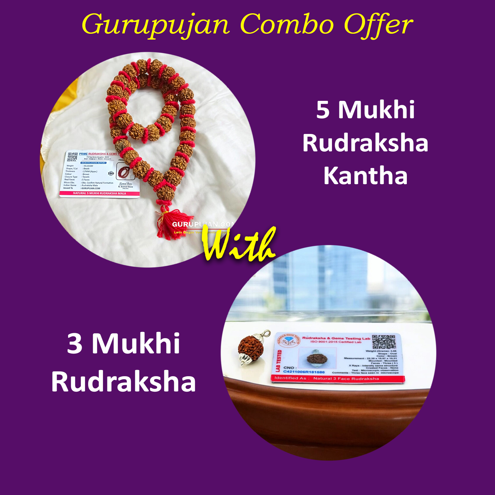 Combo of Rudraksha Velvet Kanth Mala with 3 Mukhi Rudraksha, showcasing the natural beads for spiritual growth and emotional healing.