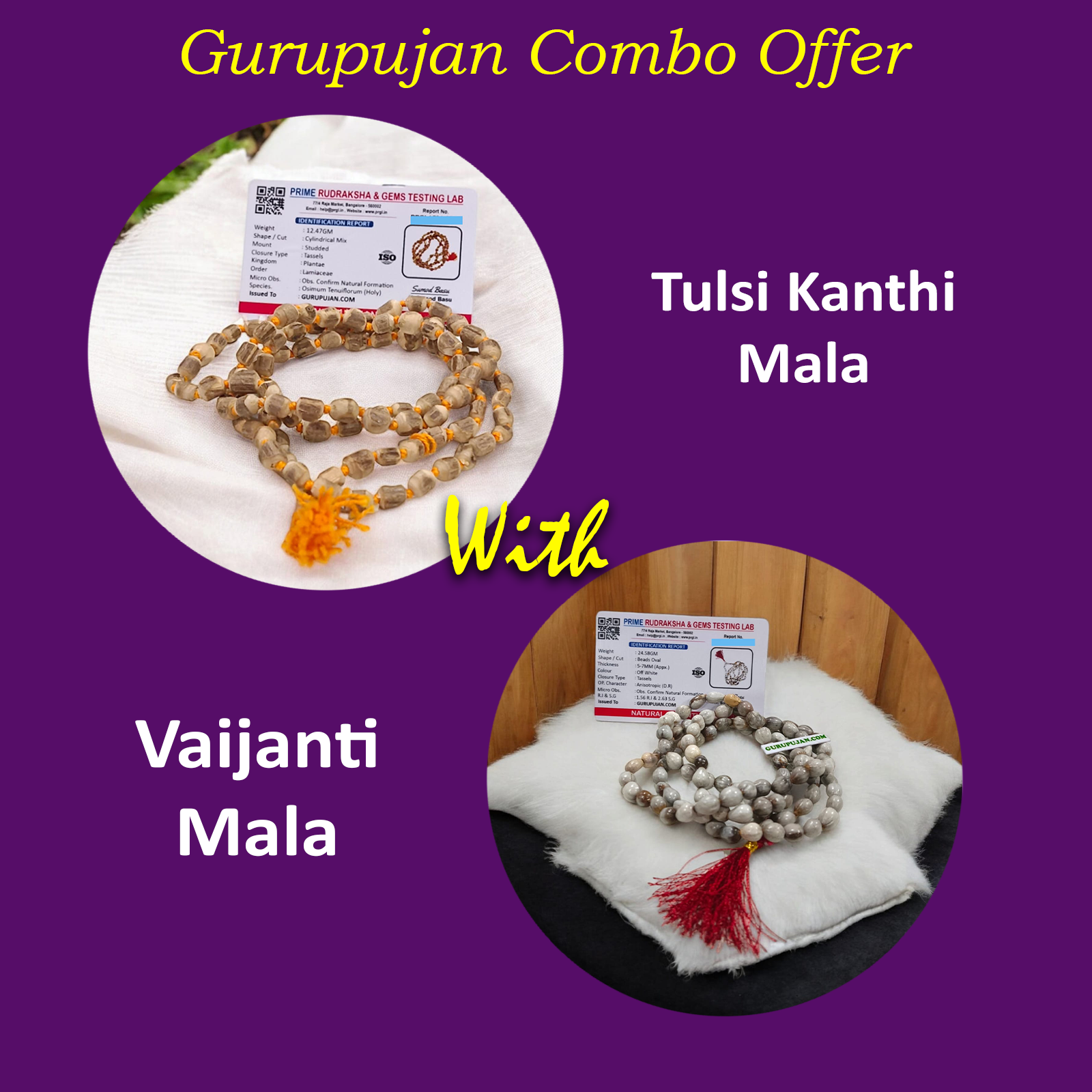Combo of Tulsi Kanth Mala and Vaijanti Mala, showcasing the powerful beads for spiritual protection, prosperity, and emotional healing.