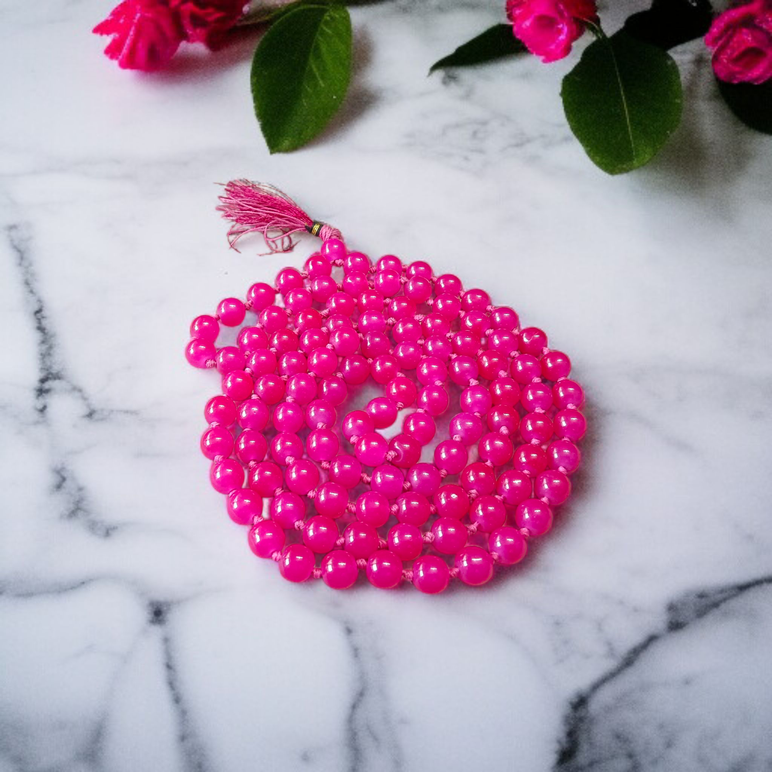 Combo of natural pink agate mala (108+1 beads) and matching bracelet with 6mm beads, used for healing, meditation, and emotional balance