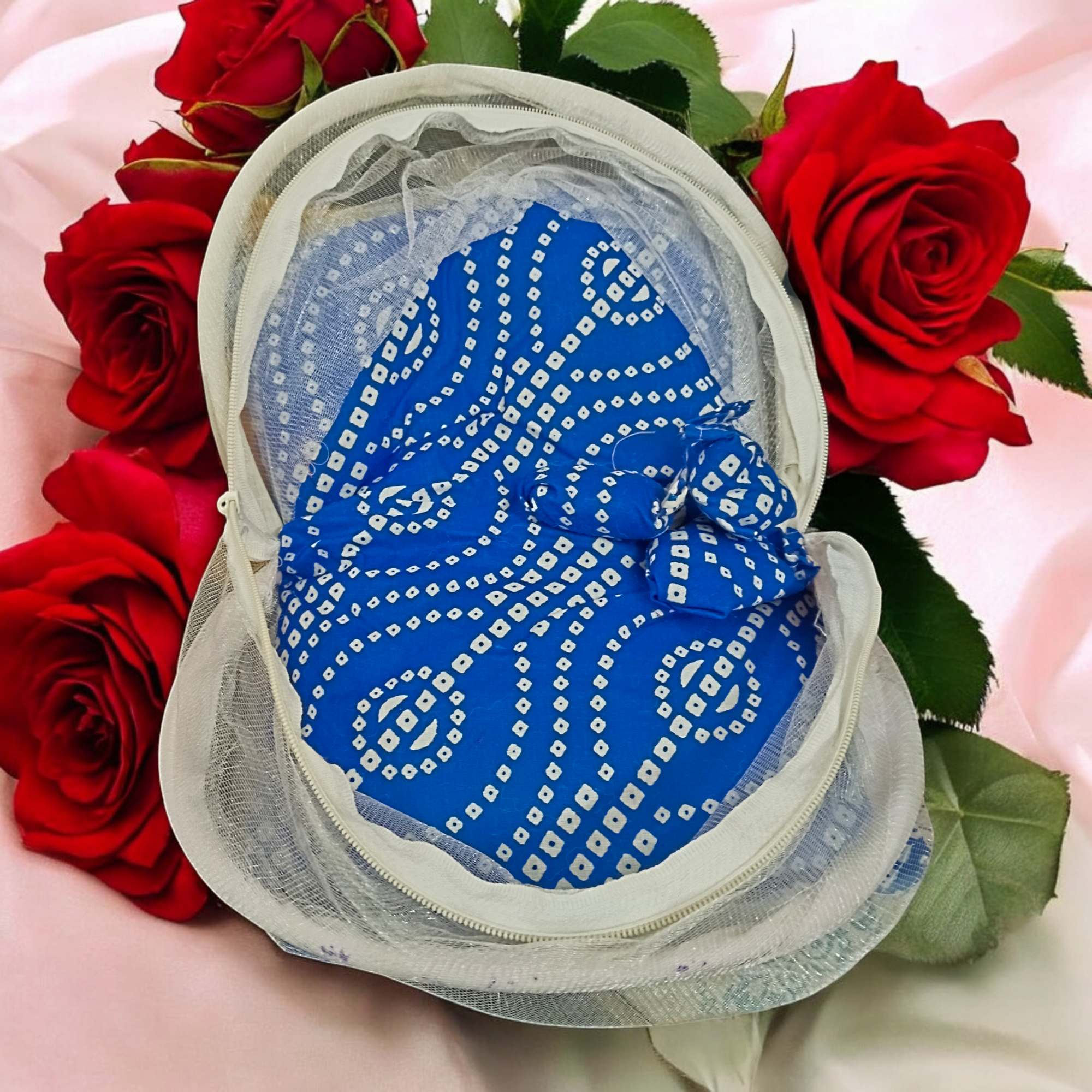 Comfortable Laddu Gopal bed with mosquito net and pillows for a peaceful and divine rest, ideal for idols of size 0-6 No.