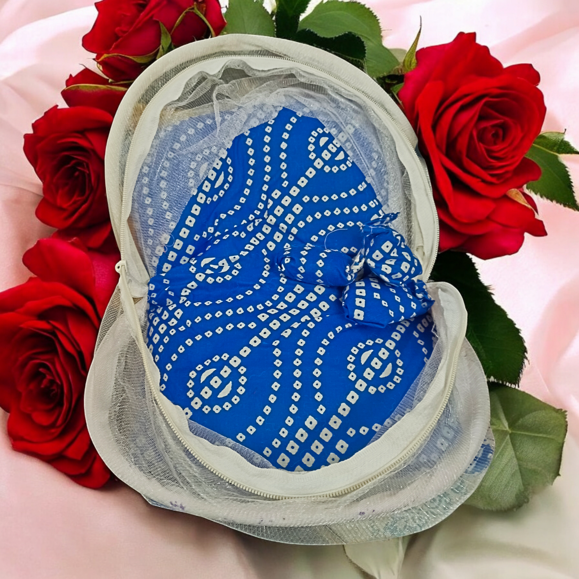 Comfortable Laddu Gopal bed with mosquito net and pillows for a peaceful and divine rest, ideal for idols of size 0-6 No.
