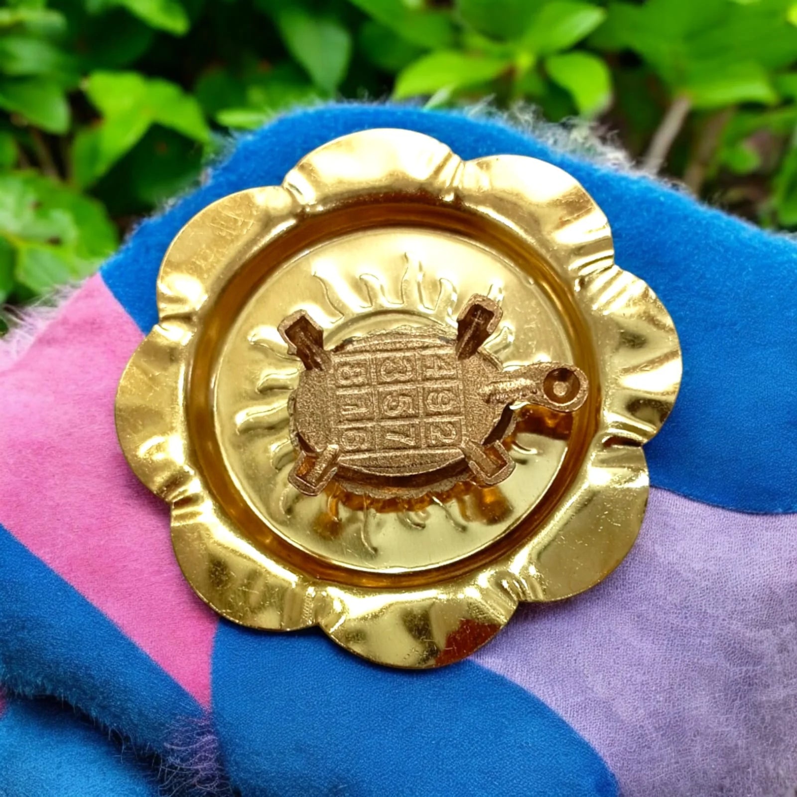 Copper Kachua Yantra with Plate, a Feng Shui tortoise symbolizing protection, prosperity, and wish fulfilment in spiritual practices.