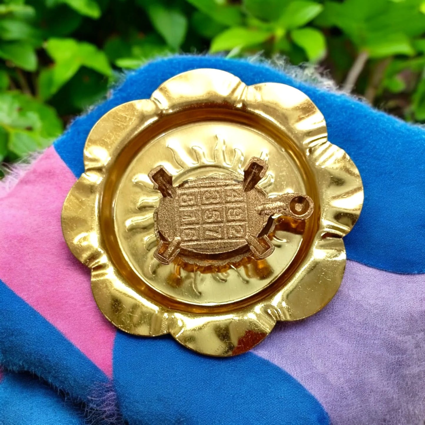 Copper Kachua Yantra with Plate, a Feng Shui tortoise symbolizing protection, prosperity, and wish fulfilment in spiritual practices.