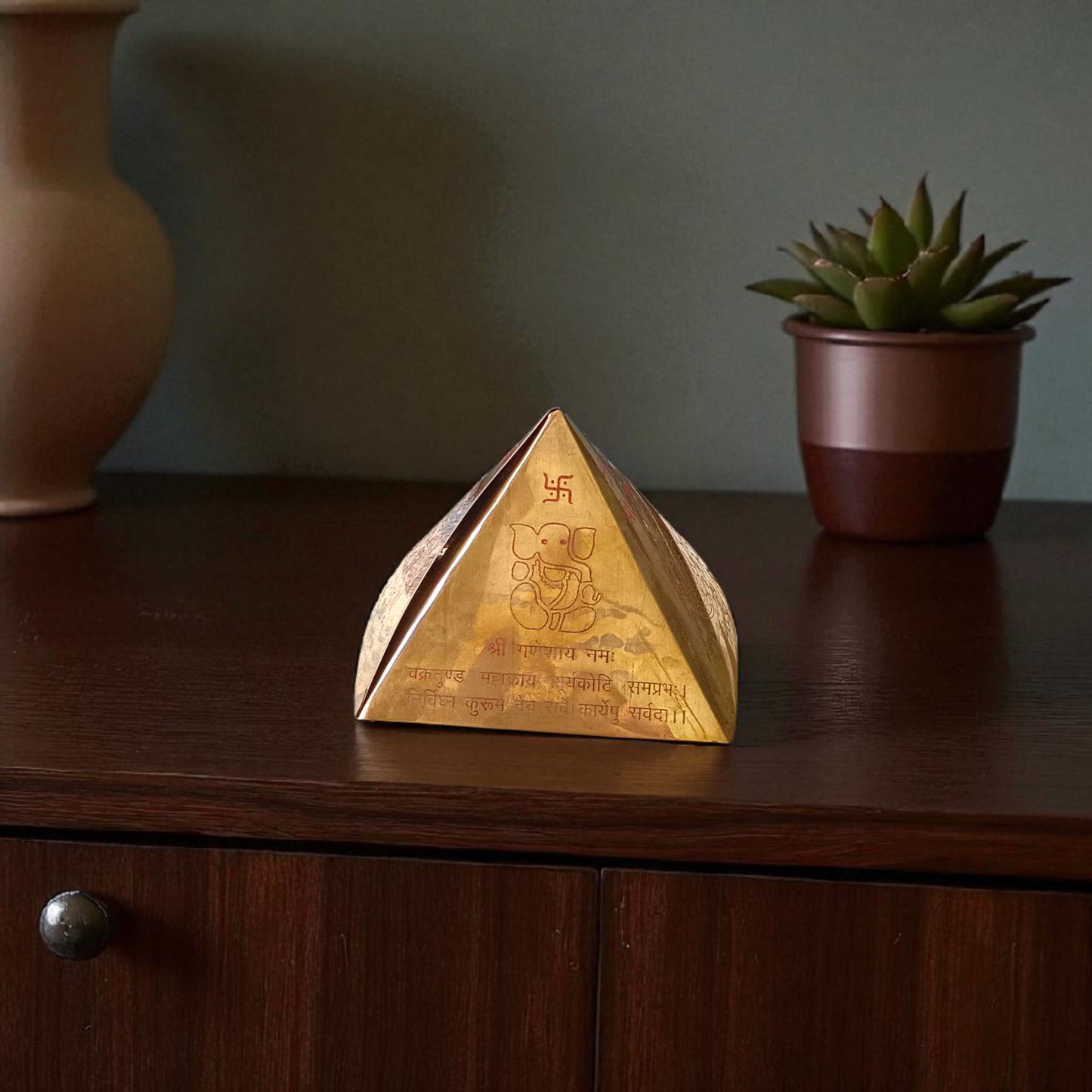 Copper Vastu Pyramid Yantra designed for placement on pillars or columns to enhance energy flow and correct Vastu doshas