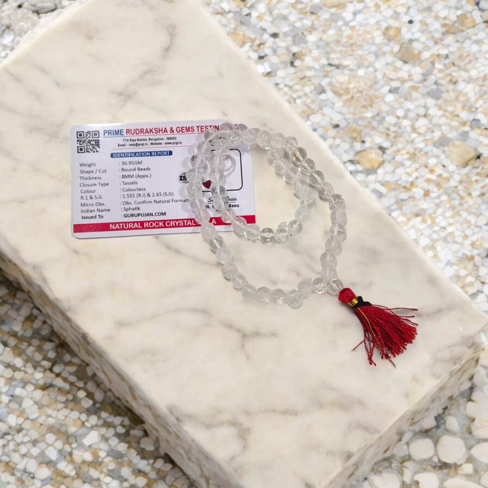 Crystal Mala 54+1 beads, also known as Spathic Mala, featuring 8MM beads, lab certified, ideal for jaap, meditation, and daily wear.