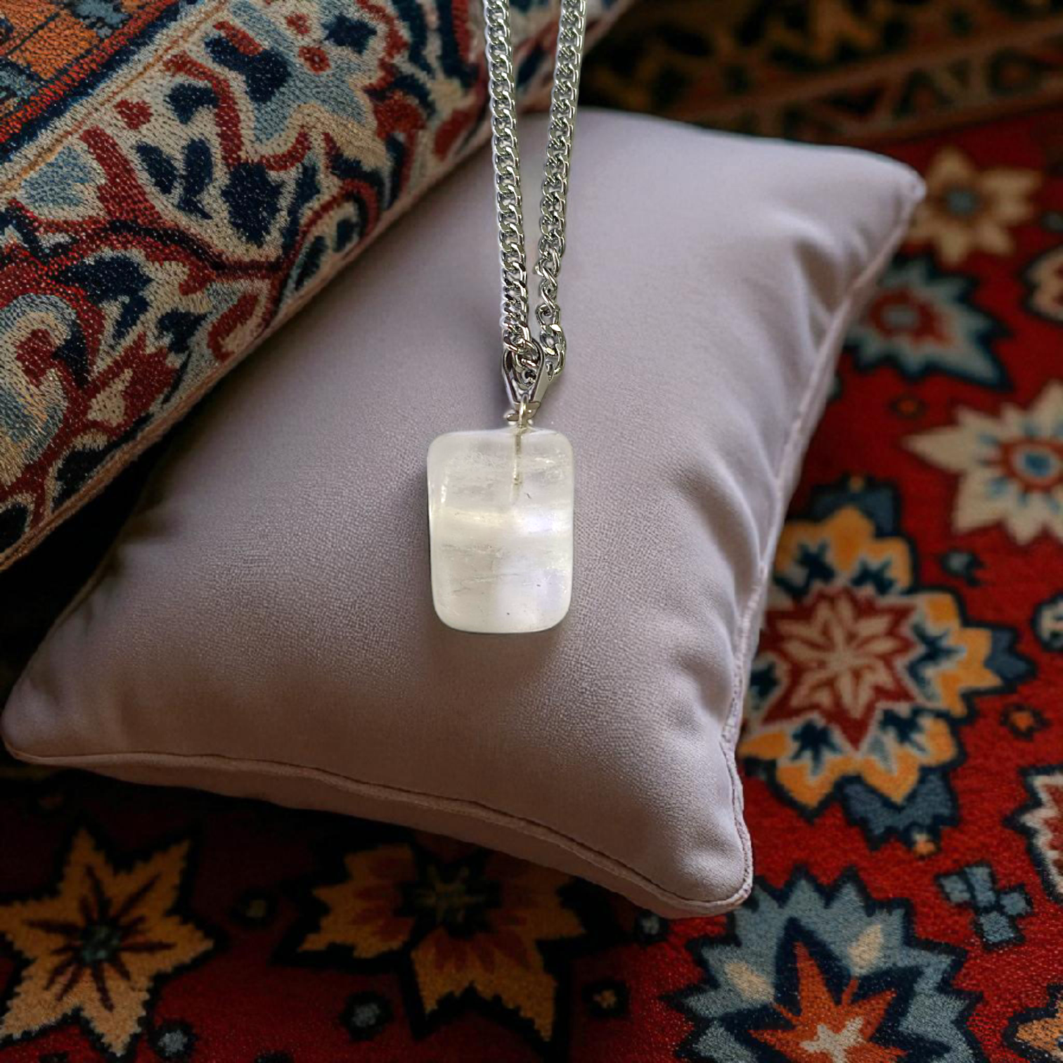 Crystal Quartz Pendant featuring a rough raw stone on a chain, Lab Certified, used for energy amplification, chakra healing, and spiritual growth