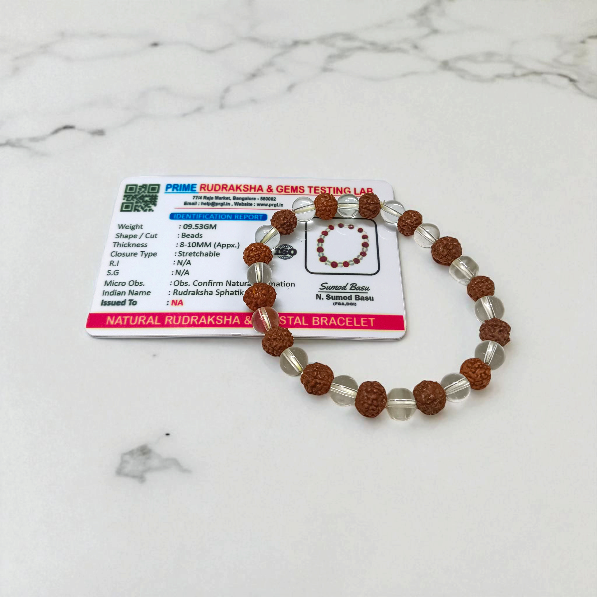 Crystal Rudraksha Bracelet with 8MM beads of natural rudraksha and clear quartz, stretchable design, and authenticity certificate for spiritual benefits