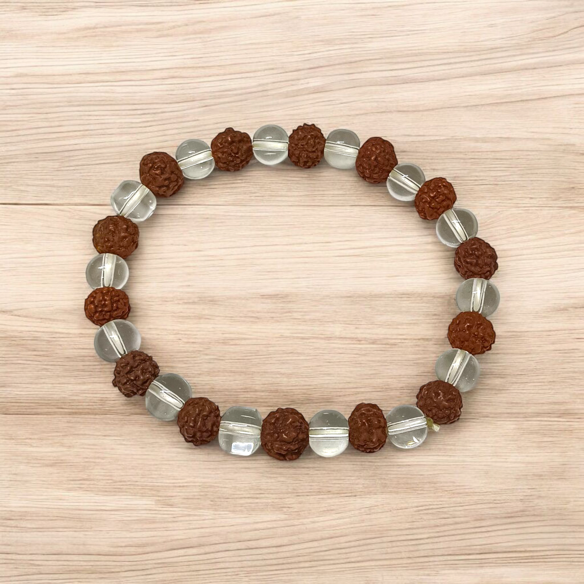 Crystal Rudraksha Bracelet with 8MM beads of natural rudraksha and clear quartz, stretchable design, and authenticity certificate for spiritual benefits