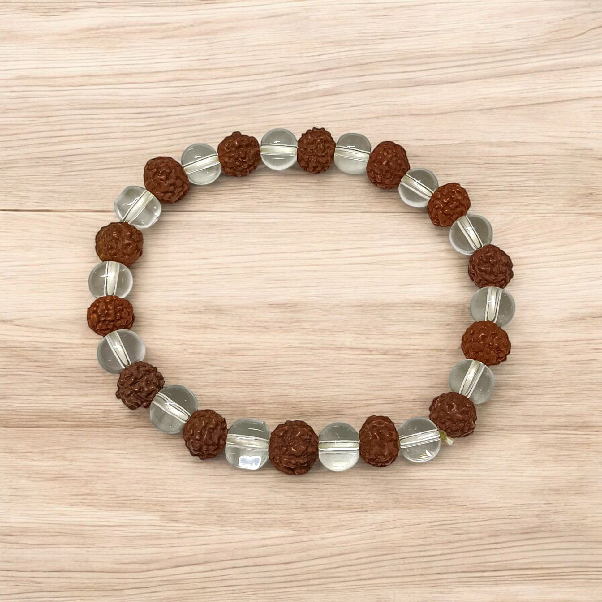 Crystal Rudraksha Bracelet with 8MM beads of natural rudraksha and clear quartz, stretchable design, and authenticity certificate for spiritual benefits