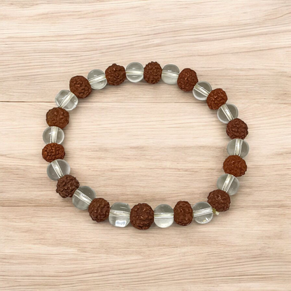 Crystal Rudraksha Bracelet with 8MM beads of natural rudraksha and clear quartz, stretchable design, and authenticity certificate for spiritual benefits