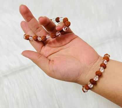 Crystal Rudraksha Bracelet with 8MM beads of natural rudraksha and clear quartz, stretchable design, and authenticity certificate for spiritual benefits.