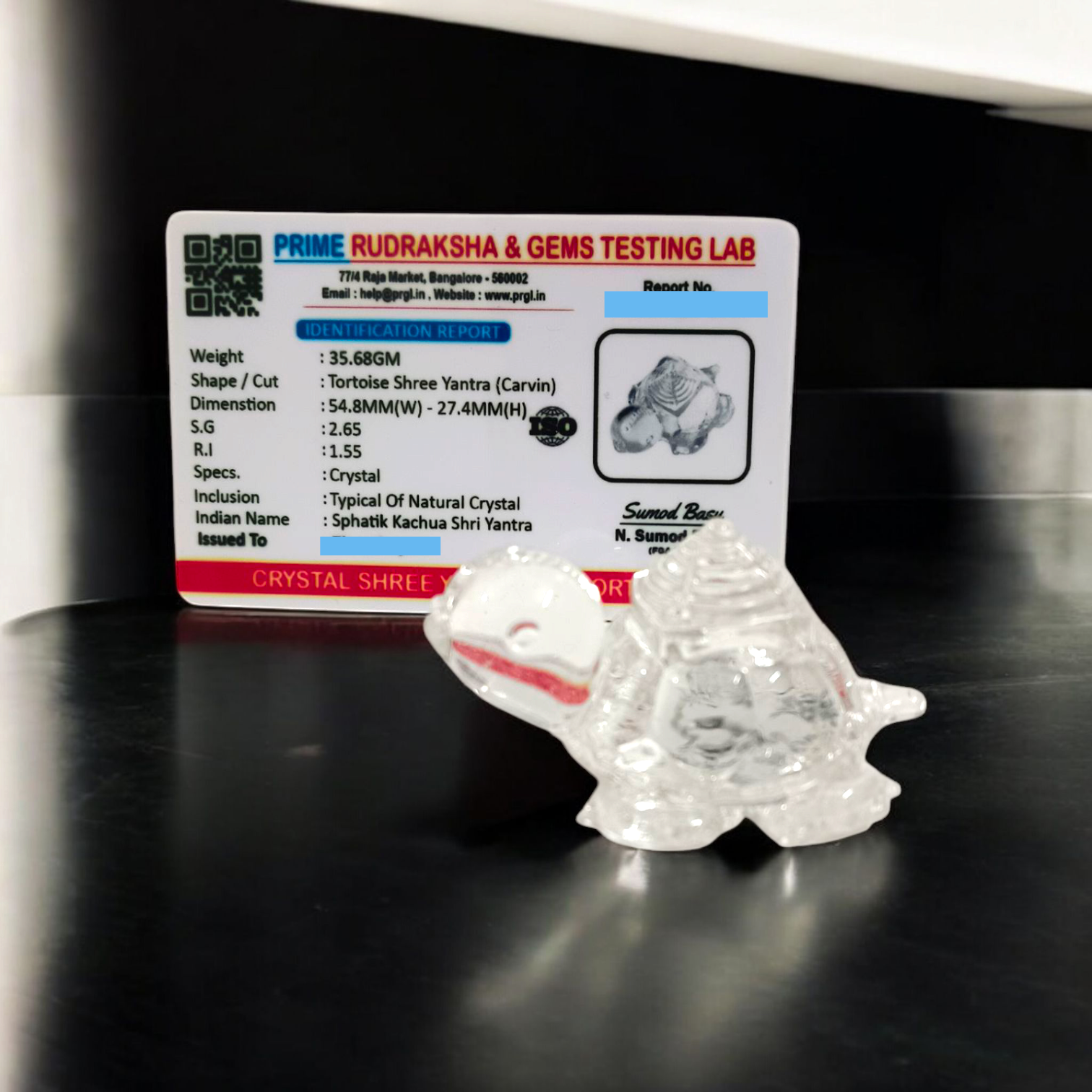 Crystal Shree Yantra on Tortoise, crafted from Sphatik crystal, for prosperity, spiritual growth, and Vastu remedies. Lab Certified for authenticity.