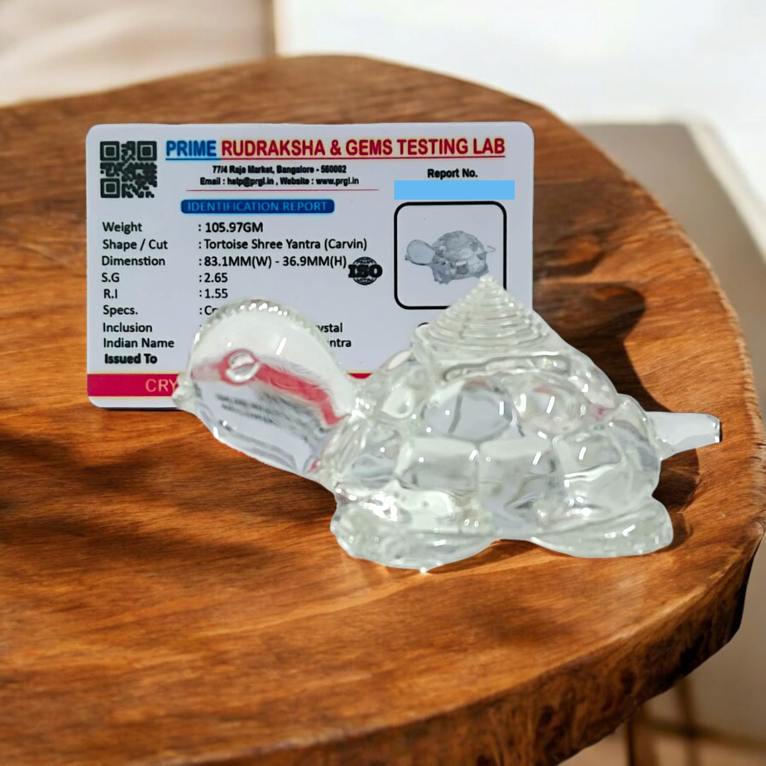 Crystal Shree Yantra on Tortoise, crafted from Sphatik crystal, for prosperity, spiritual growth, and Vastu remedies. Lab Certified for authenticity.