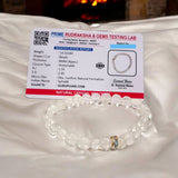 Crystal Sphatik Bracelet with natural transparent 7MM beads, lab certified, stretchable design, promoting peace, clarity, and positive energy.