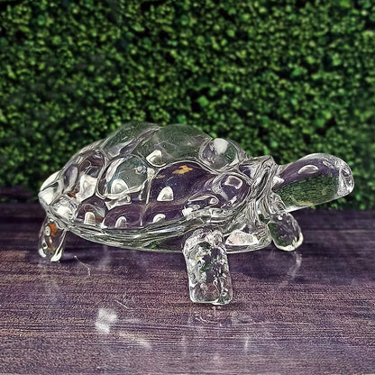 Crystal Tortoise (Kachua) with plate, symbolizing longevity, good fortune, and prosperity, used in Feng Shui and Vastu to attract positive energy.