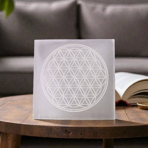 Selenite Crystal Charging Plate | Flower of Life Engraved | Lab Certified