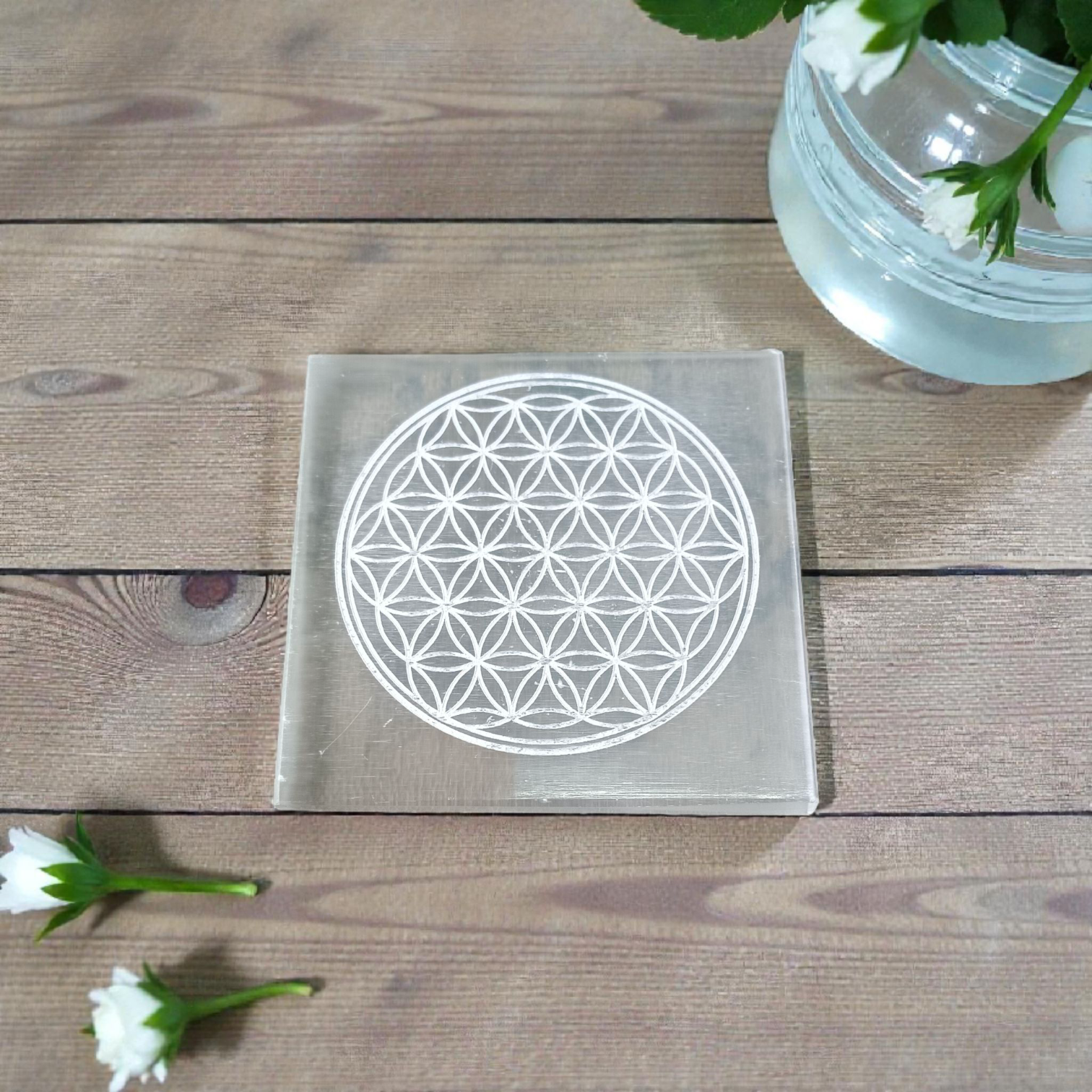 Engraved Flower of Life selenite crystal charging plate for cleansing, recharging, meditation, Reiki, and pooja rituals