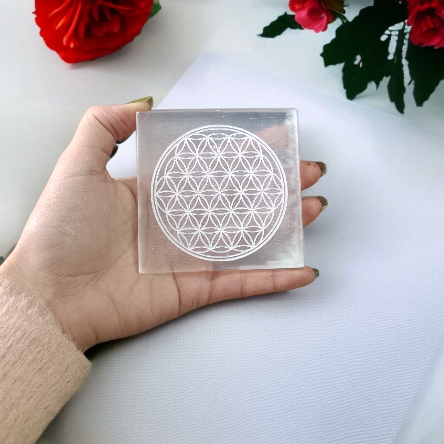 Engraved Flower of Life selenite crystal charging plate for cleansing, recharging, meditation, Reiki, and pooja rituals