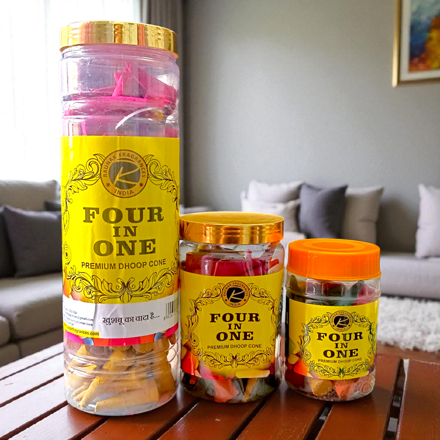 Four In One Premium Dhoop Cones pack with natural, long-burning cones in assorted fragrances, used for pooja, meditation, and air purification