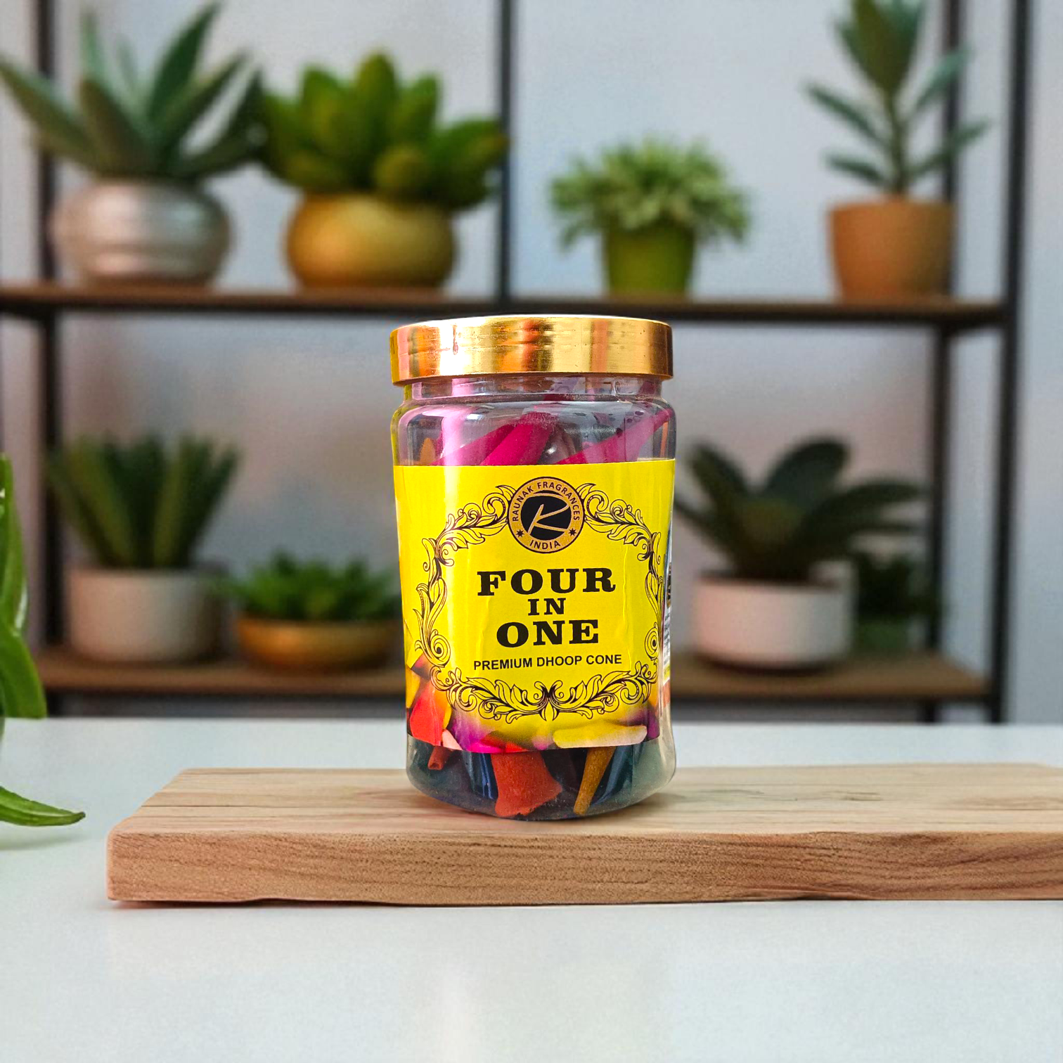 Four In One Premium Dhoop Cones pack with natural, long-burning cones in assorted fragrances, used for pooja, meditation, and air purification