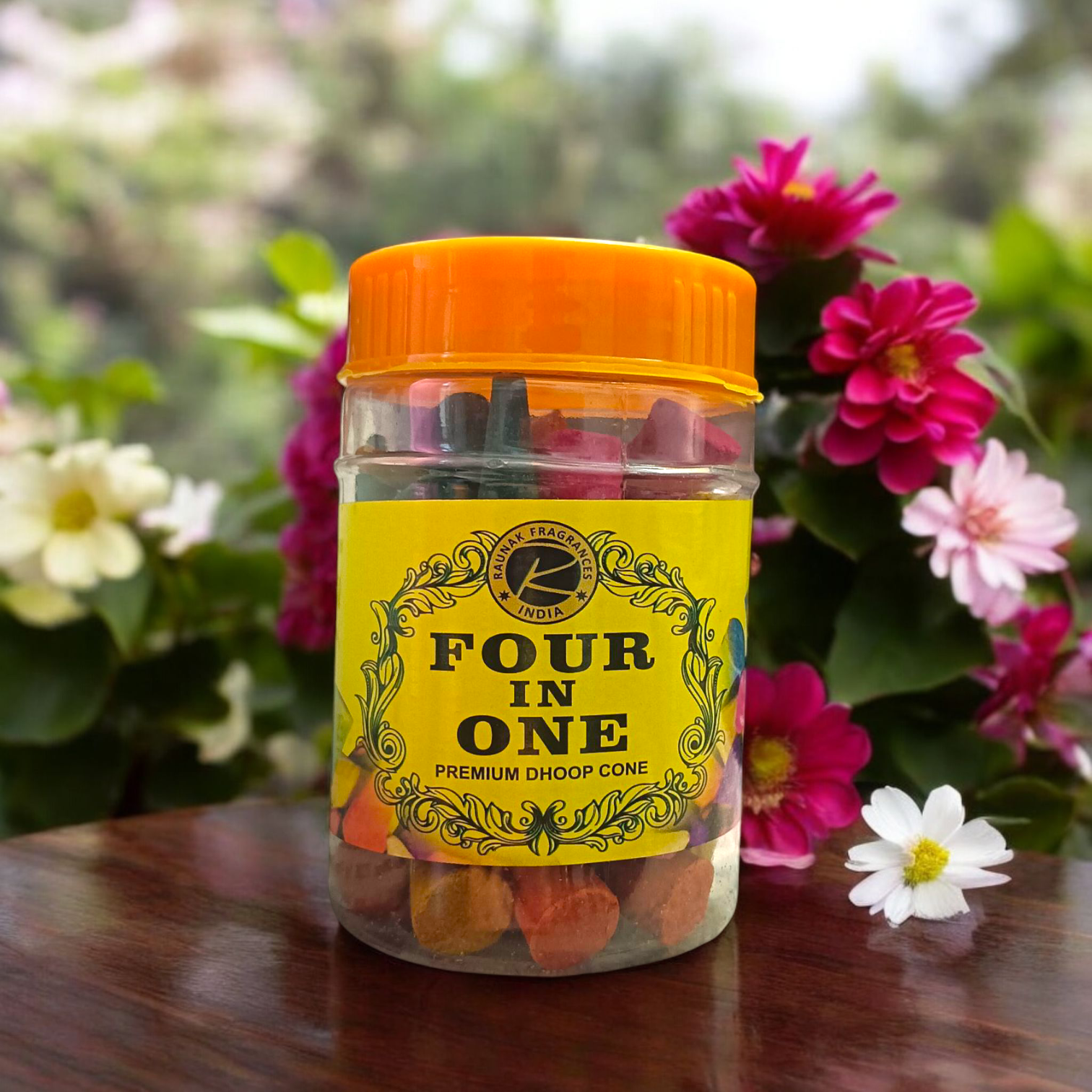 Four In One Premium Dhoop Cones pack with natural, long-burning cones in assorted fragrances, used for pooja, meditation, and air purification
