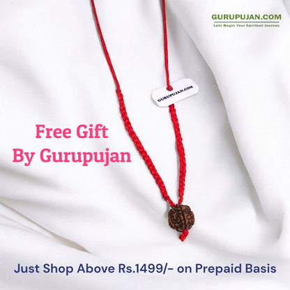 Free gift of 5 Mukhi Rudraksha with red knotted thread by Gurupujan, included with every prepaid order above Rs. 1499.