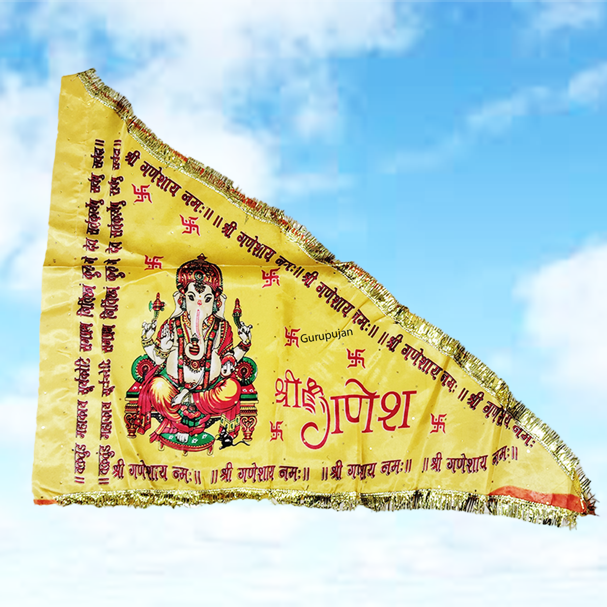 Ganesh Ji Jhanda (Ganpati Flag) with orange and yellow colors, featuring Lord Ganesh’s traditional design, ideal for decoration during Ganesh Chaturthi.