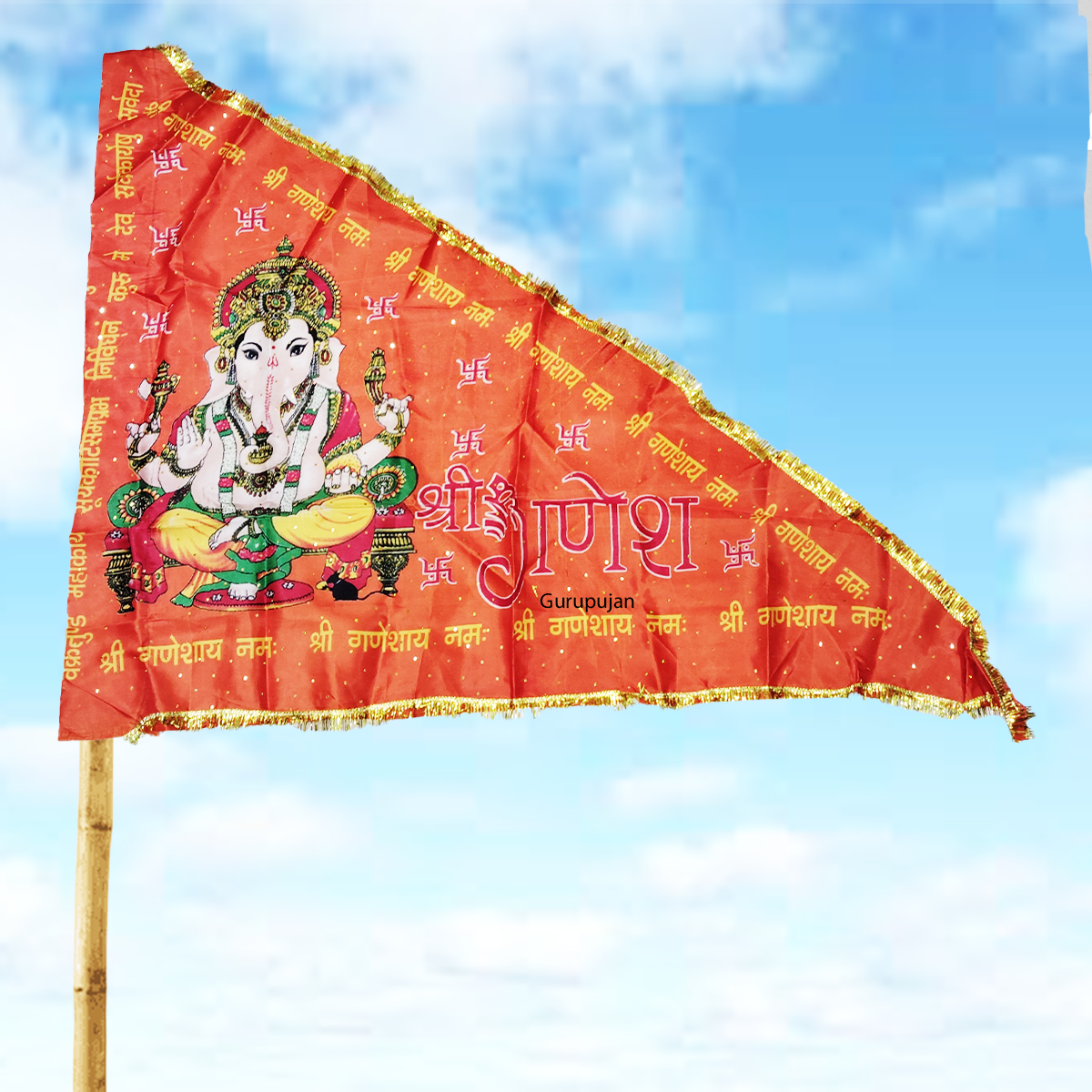 Ganesh Ji Jhanda (Ganpati Flag) with orange and yellow colors, featuring Lord Ganesh’s traditional design, ideal for decoration during Ganesh Chaturthi.