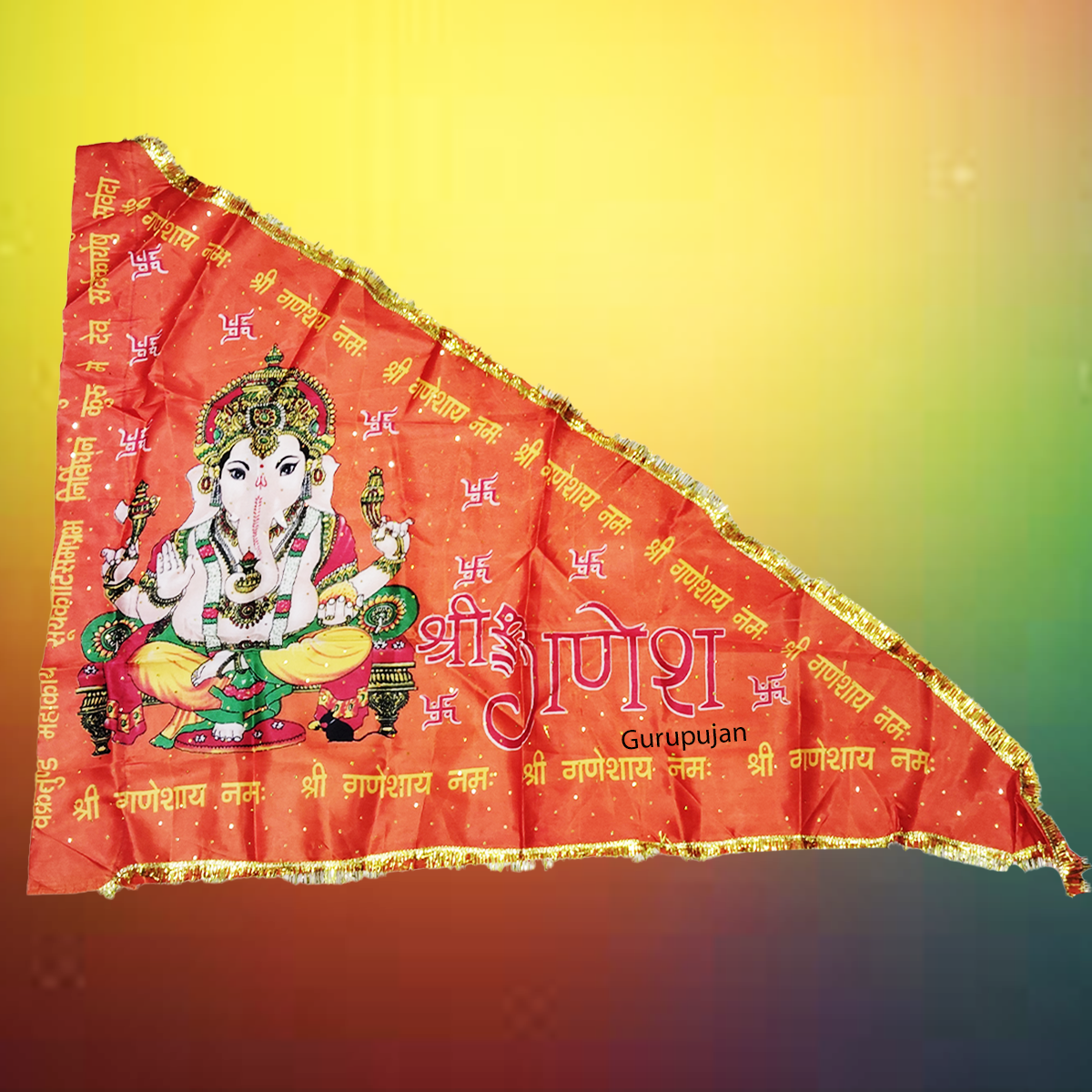 Ganesh Ji Jhanda (Ganpati Flag) with orange and yellow colors, featuring Lord Ganesh’s traditional design, ideal for decoration during Ganesh Chaturthi.