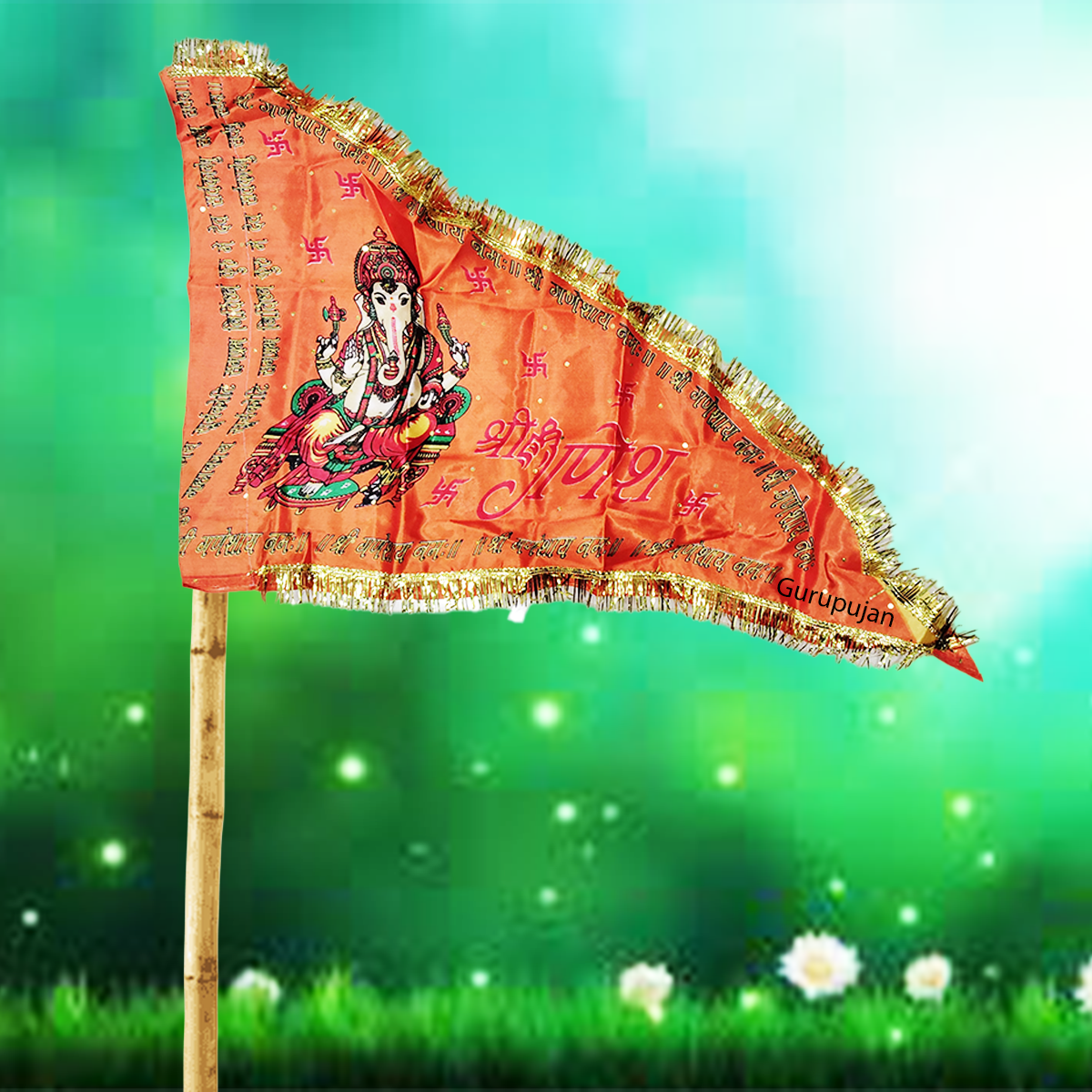 Ganesh Ji Jhanda (Ganpati Flag) with orange and yellow colors, featuring Lord Ganesh’s traditional design, ideal for decoration during Ganesh Chaturthi.