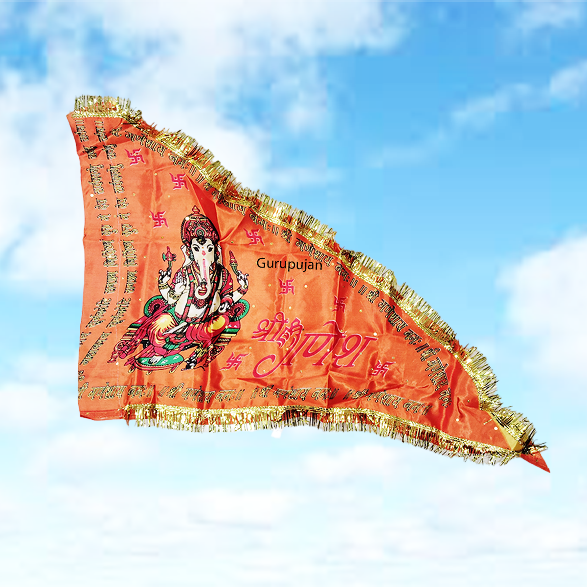 Ganesh Ji Jhanda (Ganpati Flag) with orange and yellow colors, featuring Lord Ganesh’s traditional design, ideal for decoration during Ganesh Chaturthi.