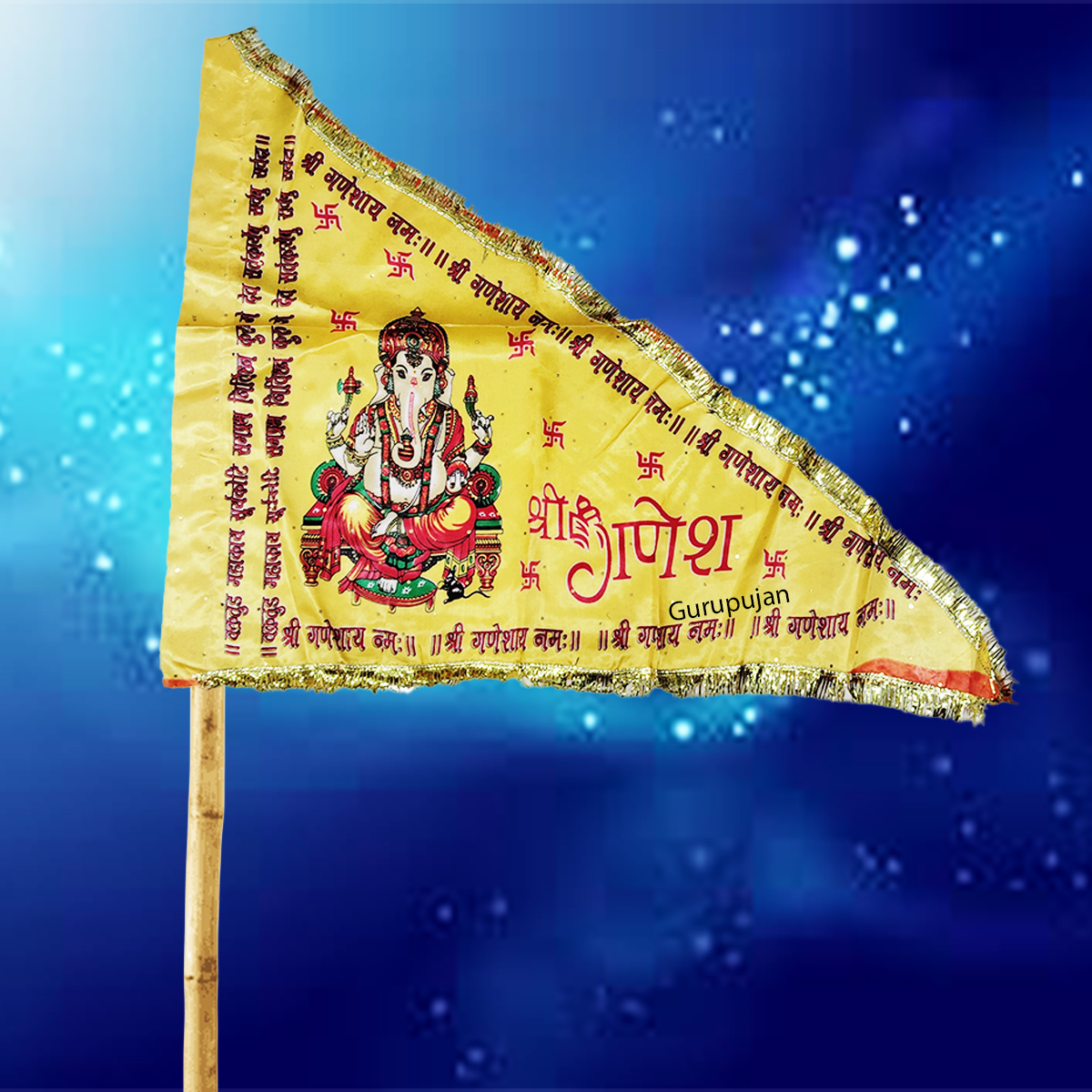 Ganesh Ji Jhanda (Ganpati Flag) with orange and yellow colors, featuring Lord Ganesh’s traditional design, ideal for decoration during Ganesh Chaturthi.