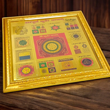 Gold-plated Sampoorna Kuber Yantra with intricate detailing in a wooden frame, a powerful tool for attracting wealth, prosperity, and divine blessings