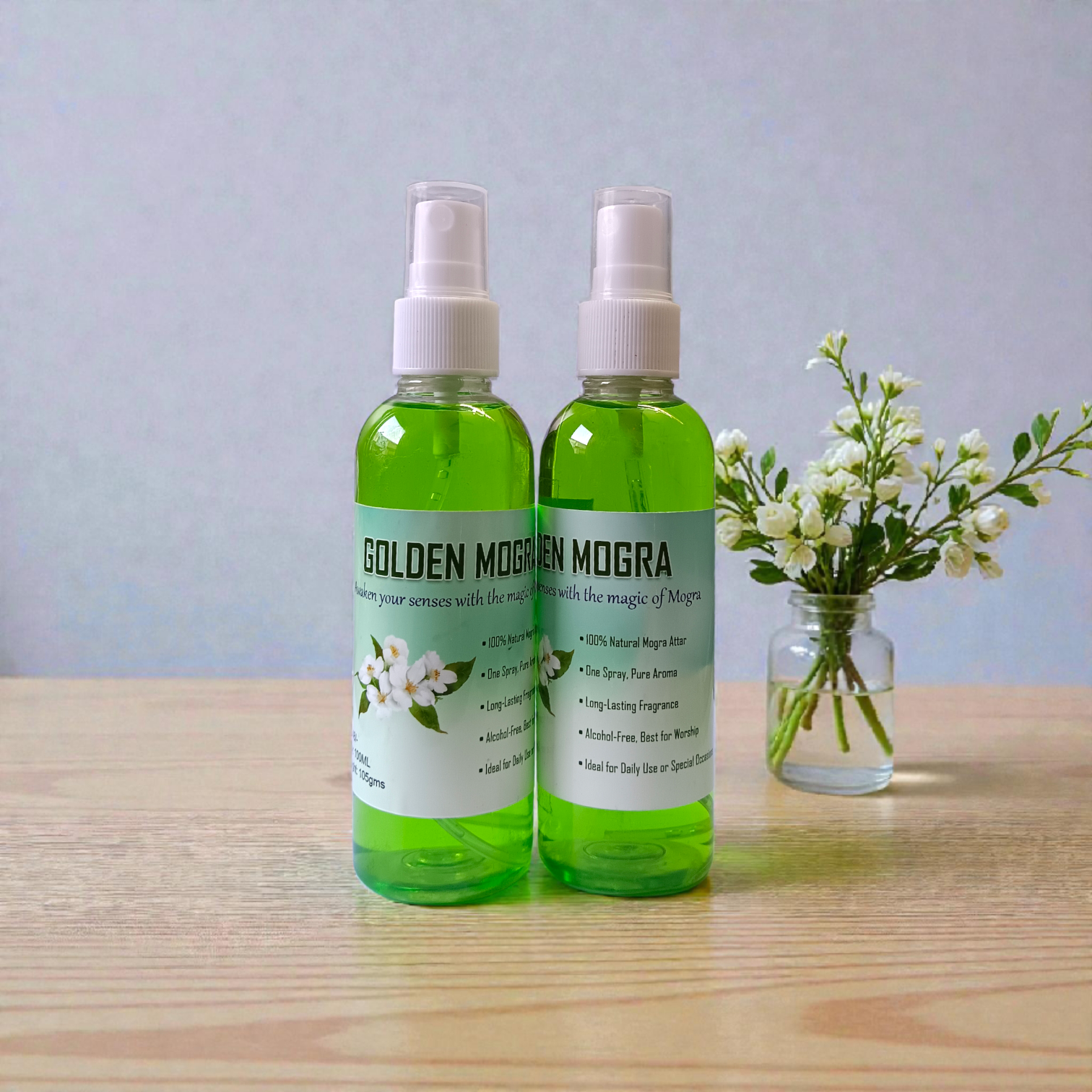 Golden Mogra Spray Attar 100ML set of 2 alcohol-free floral jasmine fragrance bottles
