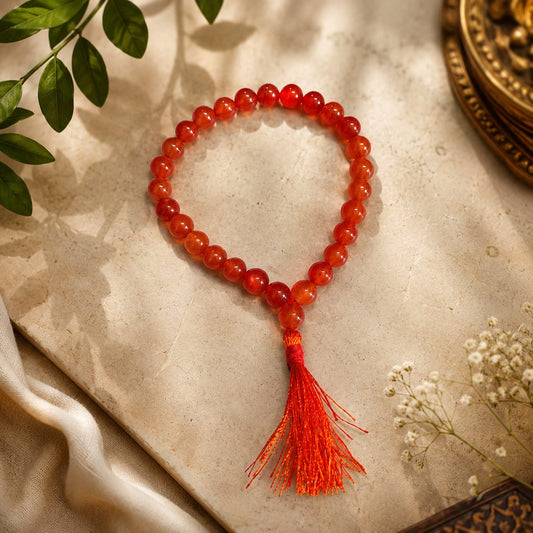 Gomed Mala 27+1 beads made from hessonite, designed to remove confusion and promote mental clarity
