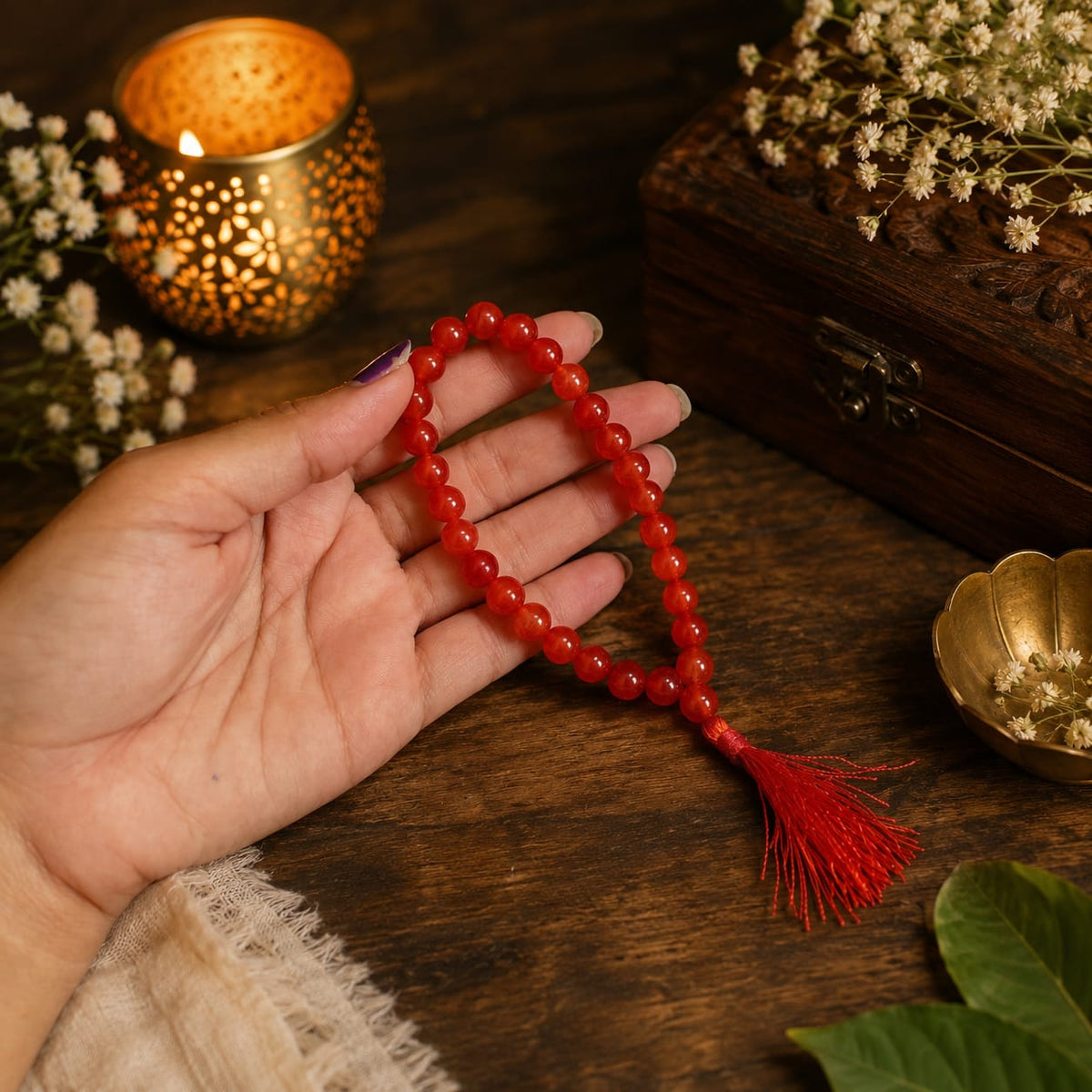 Gomed Mala 27+1 beads made from hessonite, designed to remove confusion and promote mental clarity