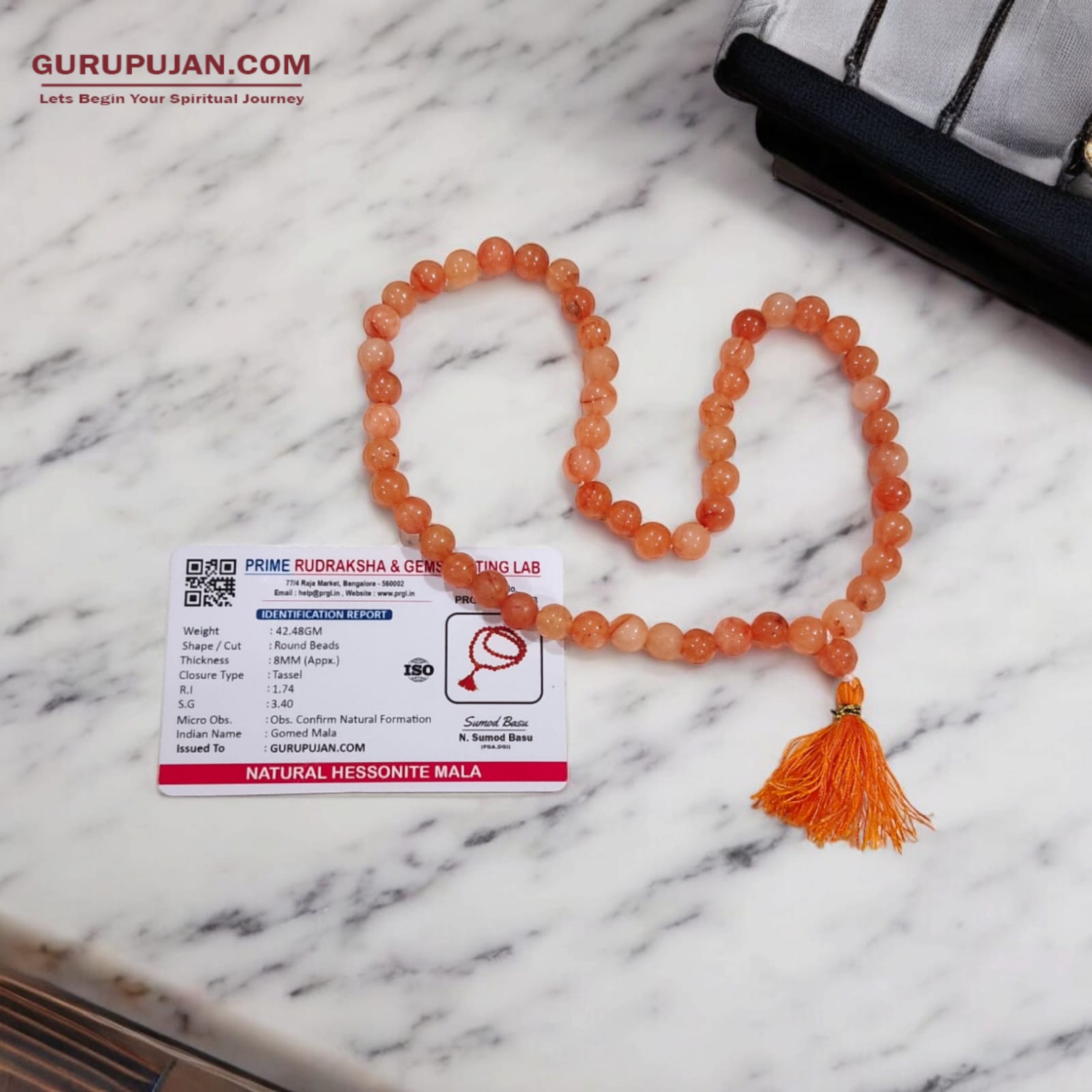 Gomed Mala 54+1 beads, also known as Hessonite Mala, featuring 8MM beads, lab certified, ideal for jaap, meditation, and daily wear.