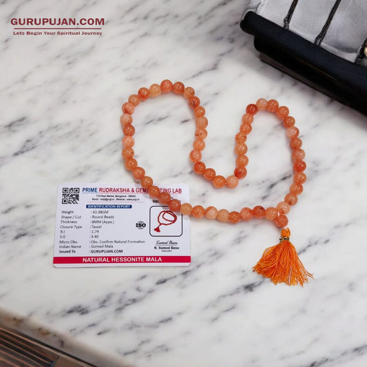 Gomed Mala 54+1 beads, also known as Hessonite Mala, featuring 8MM beads, lab certified, ideal for jaap, meditation, and daily wear.
