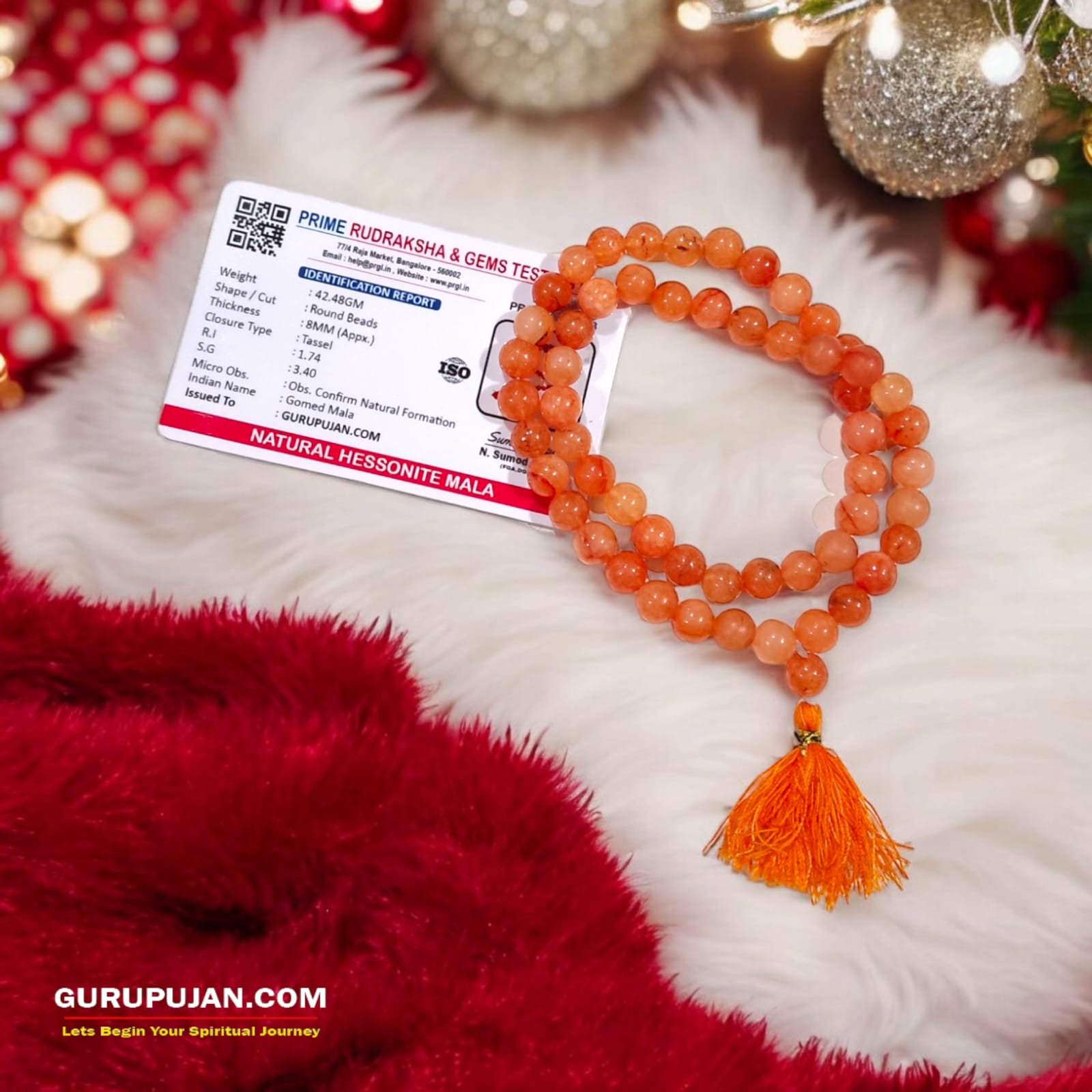 Gomed Mala 54+1 beads, also known as Hessonite Mala, featuring 8MM beads, lab certified, ideal for jaap, meditation, and daily wear.